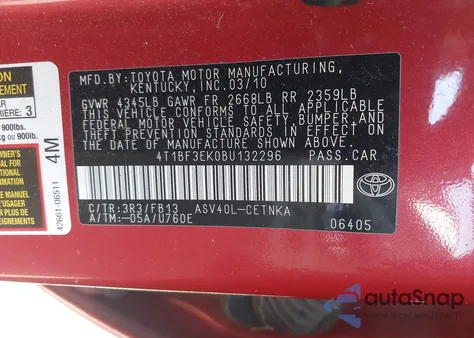 2011 Toyota Camry Le из США, поврежденный, VIN 4T1BF3EK0BU132296